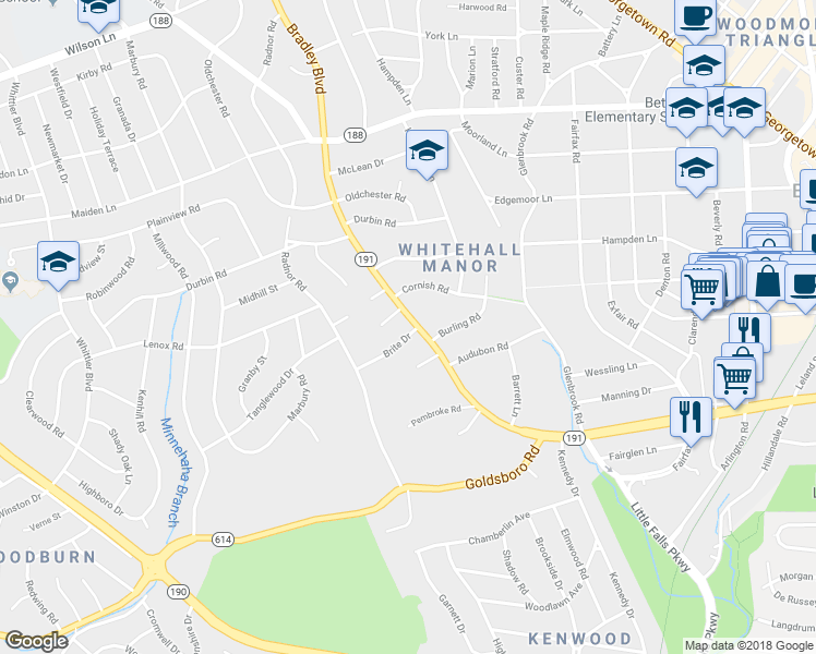map of restaurants, bars, coffee shops, grocery stores, and more near 5501 Brite Drive in Bethesda