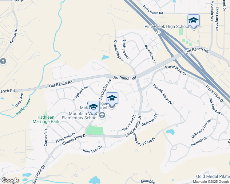 map of restaurants, bars, coffee shops, grocery stores, and more near 10306 Peach Blossom Trail in Colorado Springs