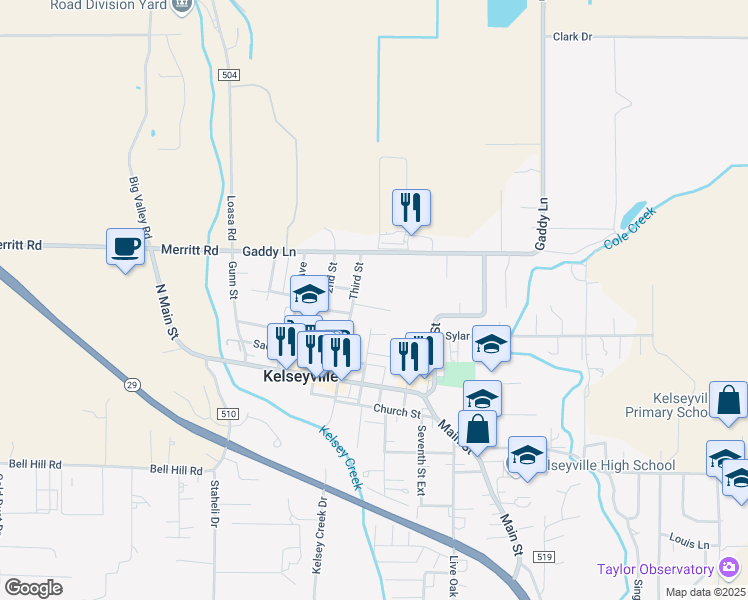 map of restaurants, bars, coffee shops, grocery stores, and more near 4032 Graystone Court in Kelseyville