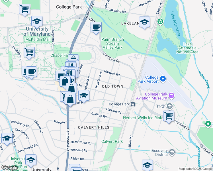 map of restaurants, bars, coffee shops, grocery stores, and more near 7408 Rhode Island Avenue in College Park
