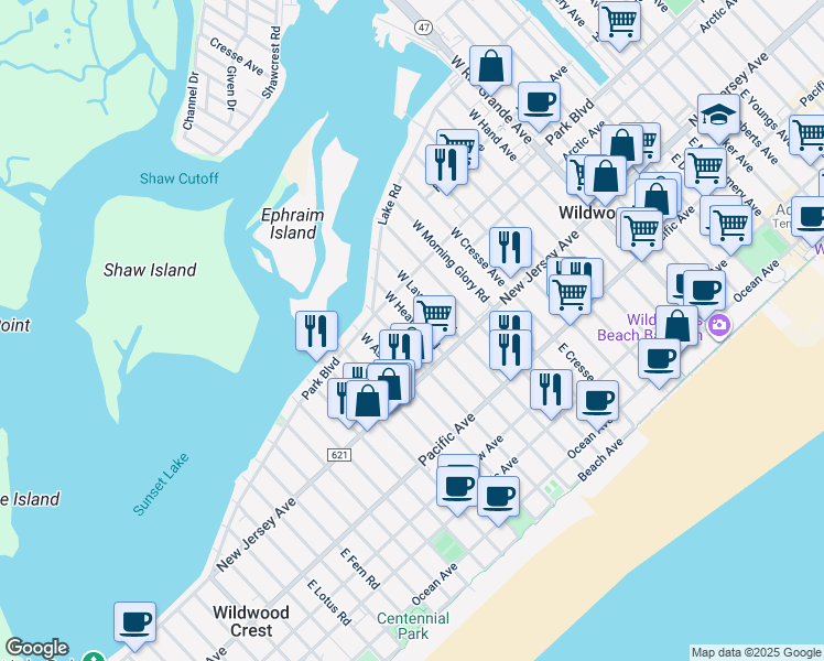 map of restaurants, bars, coffee shops, grocery stores, and more near 126 West Heather Road in Wildwood Crest
