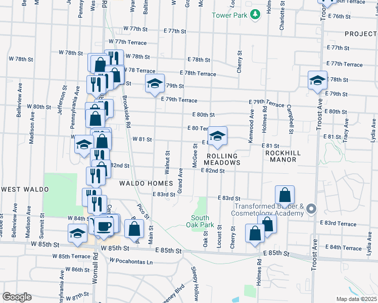 map of restaurants, bars, coffee shops, grocery stores, and more near 8106 McGee Street in Kansas City