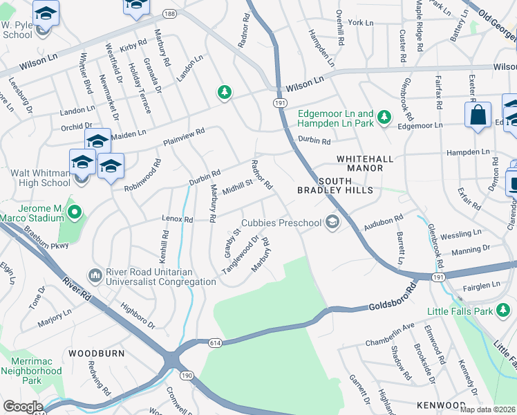 map of restaurants, bars, coffee shops, grocery stores, and more near 7012 Winslow Street in Bethesda
