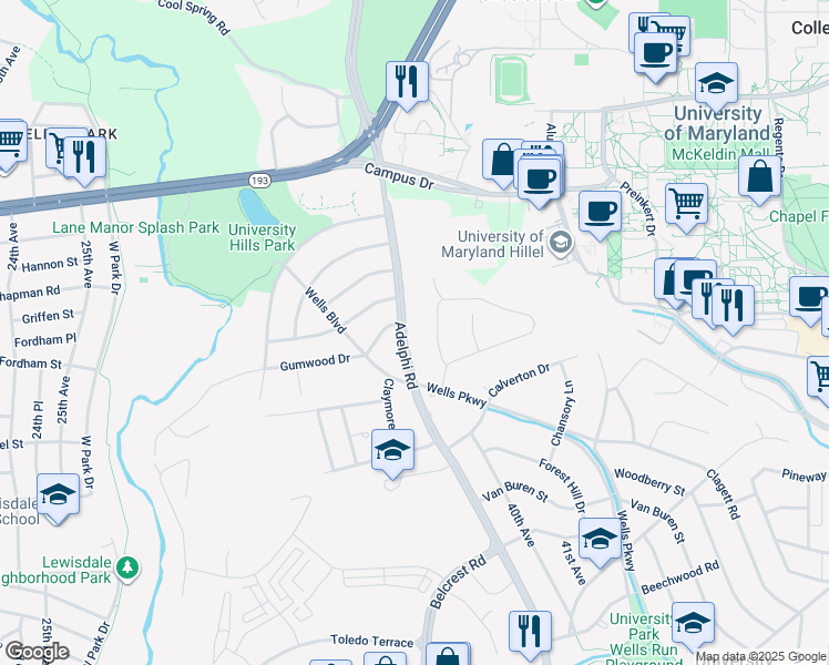 map of restaurants, bars, coffee shops, grocery stores, and more near 7213 Adelphi Road in Hyattsville