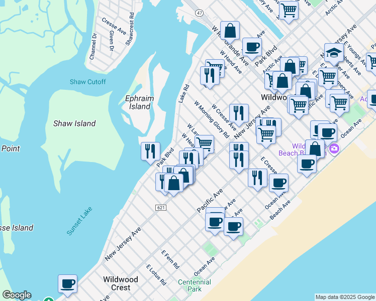 map of restaurants, bars, coffee shops, grocery stores, and more near 135 West Crocus Road in Wildwood Crest
