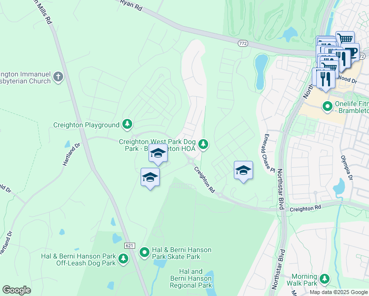 map of restaurants, bars, coffee shops, grocery stores, and more near 42174 Creighton Road in Brambleton