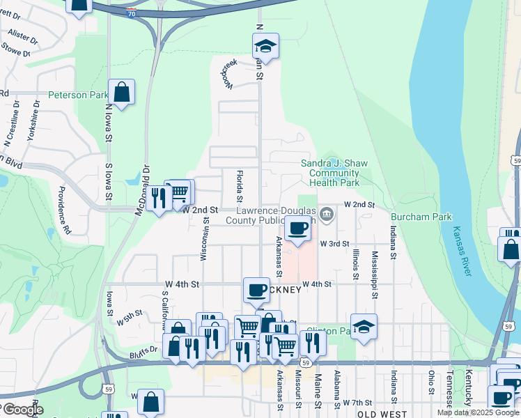 map of restaurants, bars, coffee shops, grocery stores, and more near West 2nd Street in Lawrence
