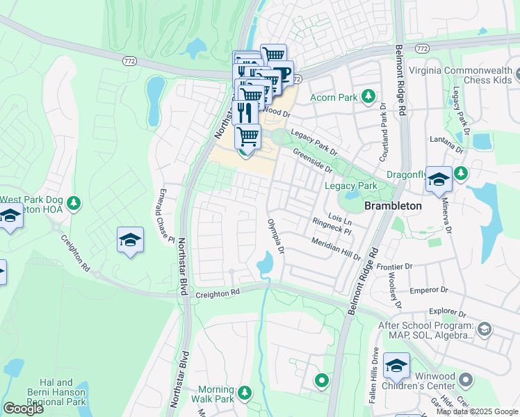 map of restaurants, bars, coffee shops, grocery stores, and more near 23016 Sullivans Cove Square in Brambleton
