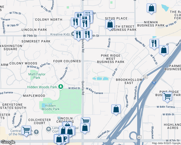 map of restaurants, bars, coffee shops, grocery stores, and more near 8181 Quivira Road in Lenexa