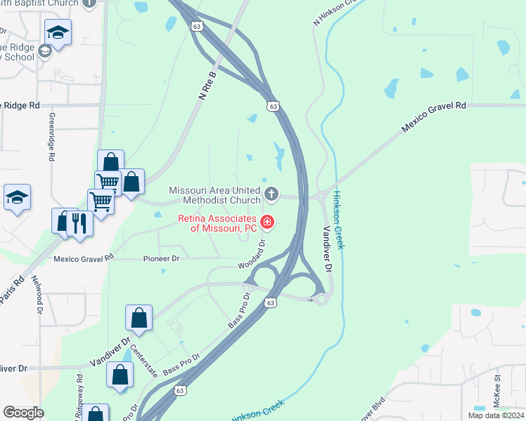 map of restaurants, bars, coffee shops, grocery stores, and more near 2801 Woodard Drive in Columbia