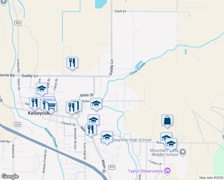 map of restaurants, bars, coffee shops, grocery stores, and more near Sylar Lane in Kelseyville