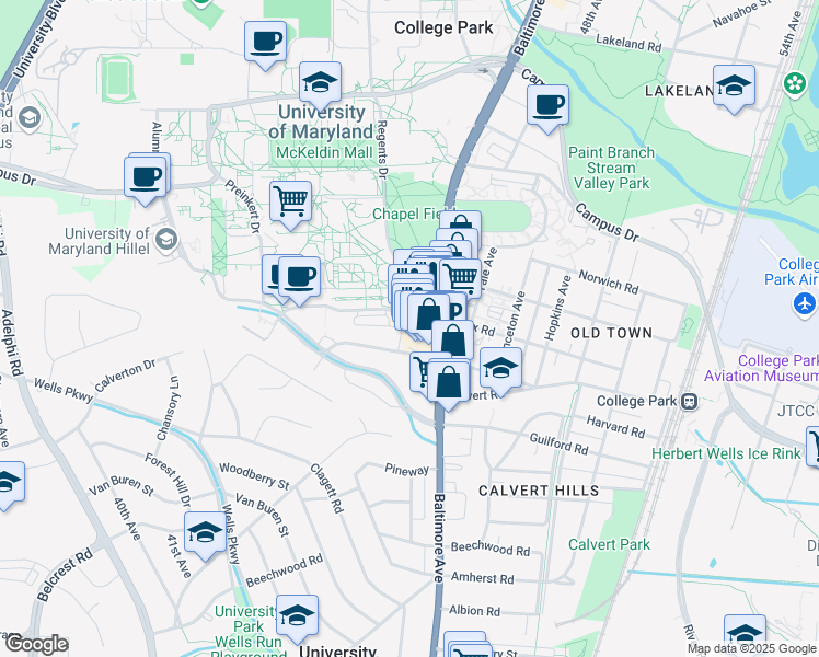 map of restaurants, bars, coffee shops, grocery stores, and more near 7336 Baltimore Avenue in College Park