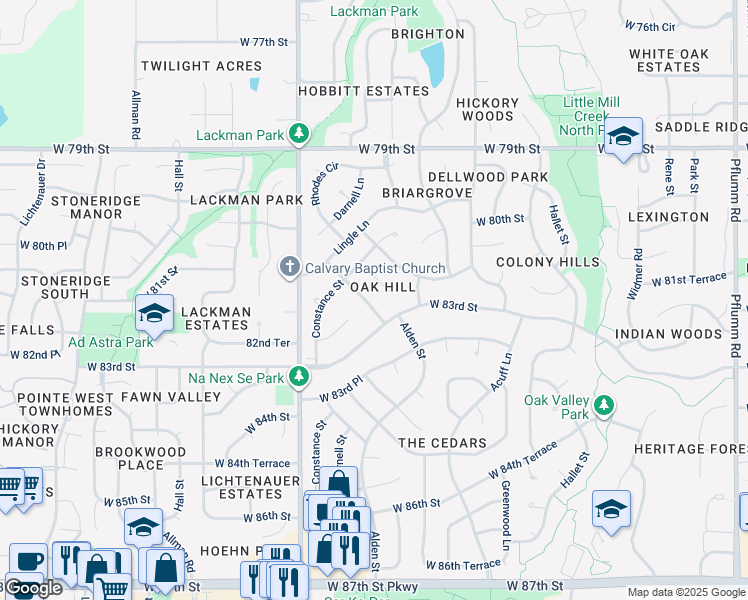 map of restaurants, bars, coffee shops, grocery stores, and more near 14820 West 81st Terrace in Lenexa