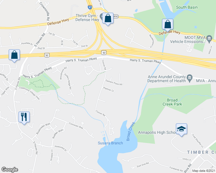 map of restaurants, bars, coffee shops, grocery stores, and more near 904 Plattner Court in Annapolis