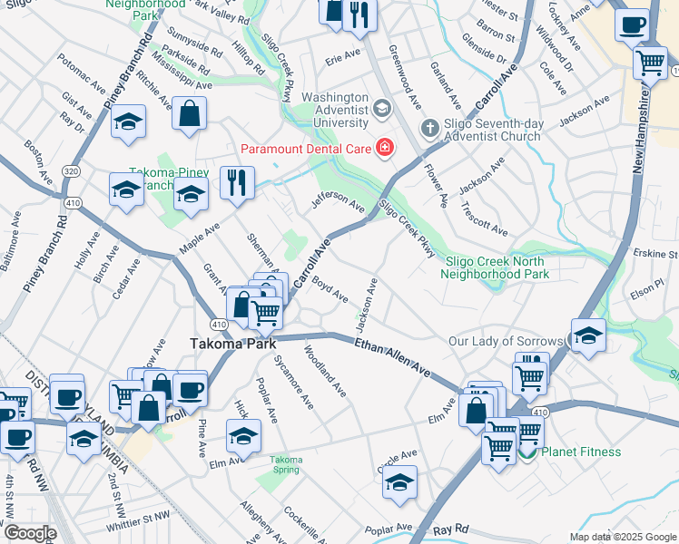 map of restaurants, bars, coffee shops, grocery stores, and more near 319 Lincoln Ave in Takoma Park