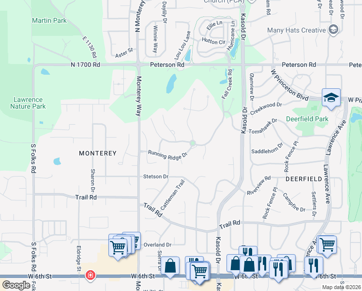 map of restaurants, bars, coffee shops, grocery stores, and more near 107 Fall Creek Road in Lawrence