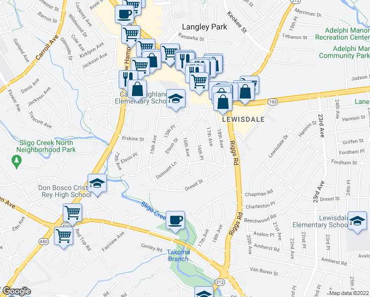 map of restaurants, bars, coffee shops, grocery stores, and more near 7400 16th Avenue in Takoma Park