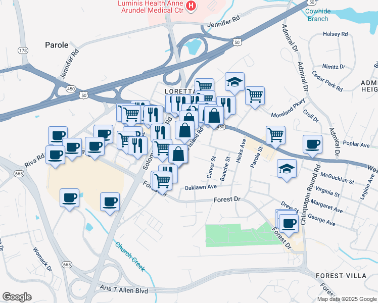 map of restaurants, bars, coffee shops, grocery stores, and more near 25 Maryland 393 in Annapolis