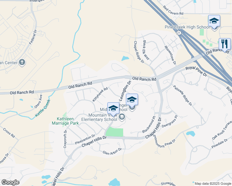 map of restaurants, bars, coffee shops, grocery stores, and more near 10125 Clear Creek Road in Colorado Springs