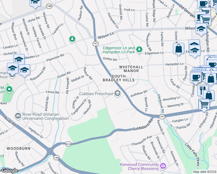 map of restaurants, bars, coffee shops, grocery stores, and more near 5609 Vernon Place in Bethesda