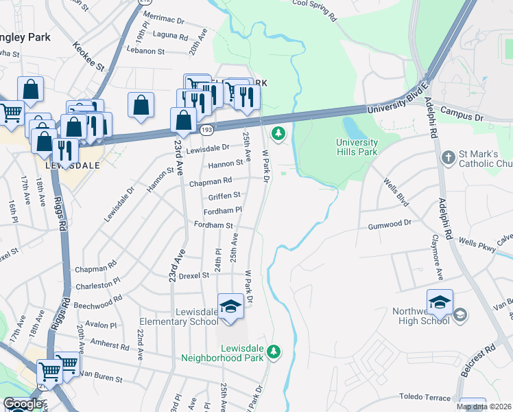 map of restaurants, bars, coffee shops, grocery stores, and more near 7422 West Park Drive in Hyattsville