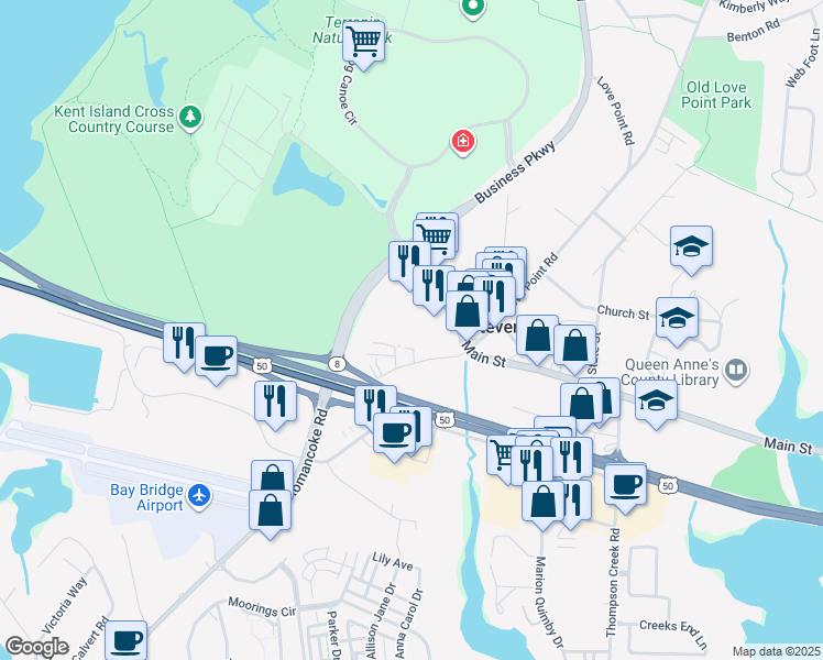 map of restaurants, bars, coffee shops, grocery stores, and more near 113 Saint Claire Place in Stevensville