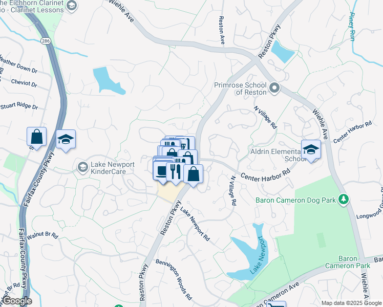 map of restaurants, bars, coffee shops, grocery stores, and more near 11626 Old Brookville Court in Reston