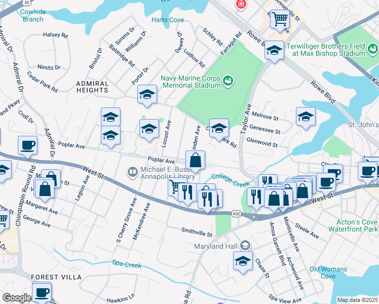 map of restaurants, bars, coffee shops, grocery stores, and more near 209 North Linden Avenue in Annapolis