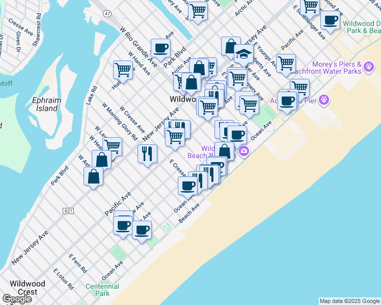 map of restaurants, bars, coffee shops, grocery stores, and more near 224 East Bennett Avenue in Wildwood