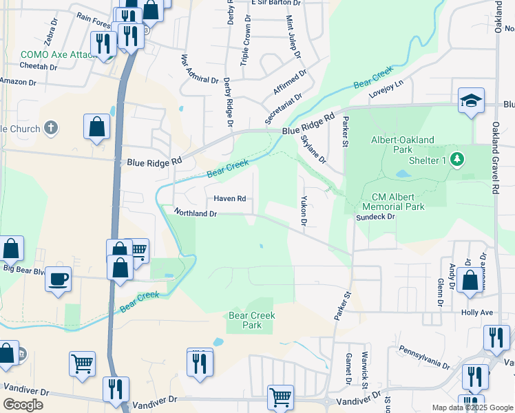 map of restaurants, bars, coffee shops, grocery stores, and more near 2910 Haden Drive in Columbia