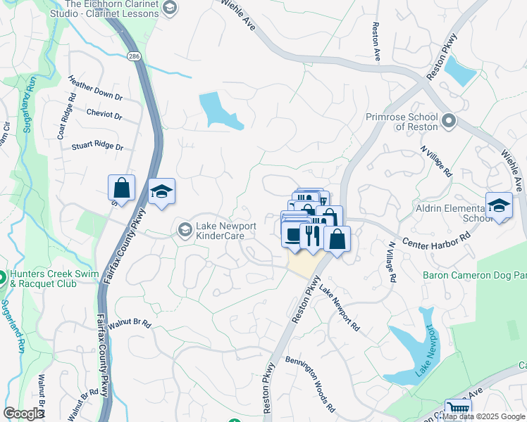 map of restaurants, bars, coffee shops, grocery stores, and more near 1501 North Point Drive in Reston