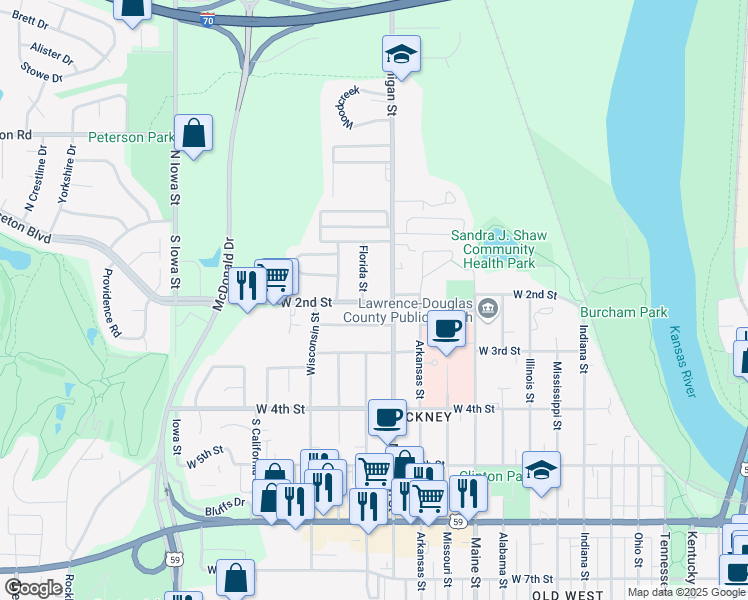 map of restaurants, bars, coffee shops, grocery stores, and more near 1409 West 2nd Street in Lawrence