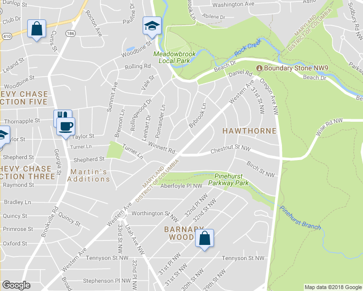 map of restaurants, bars, coffee shops, grocery stores, and more near 7004 Western Avenue Northwest in Chevy Chase