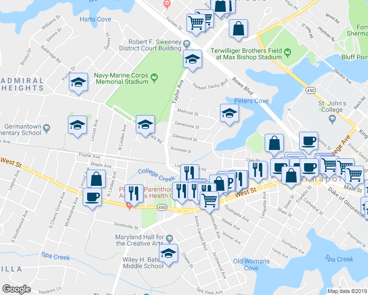 map of restaurants, bars, coffee shops, grocery stores, and more near 724 Rosedale Street in Annapolis