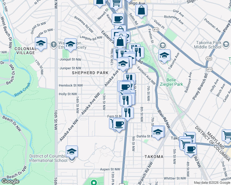 map of restaurants, bars, coffee shops, grocery stores, and more near 7500 12th Street Northwest in Washington