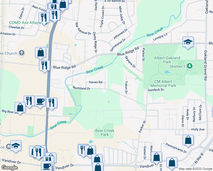 map of restaurants, bars, coffee shops, grocery stores, and more near 2910 Haden Drive in Columbia