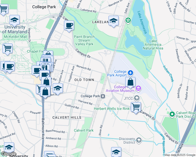 map of restaurants, bars, coffee shops, grocery stores, and more near 4812 College Avenue in College Park
