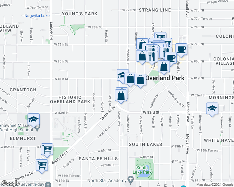 map of restaurants, bars, coffee shops, grocery stores, and more near 8136 Lowell Avenue in Overland Park