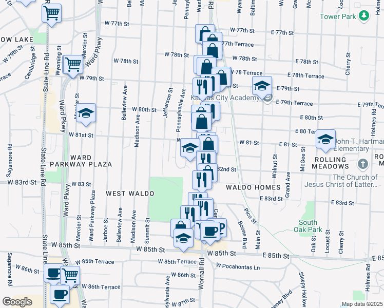 map of restaurants, bars, coffee shops, grocery stores, and more near 8100 Wornall Road in Kansas City