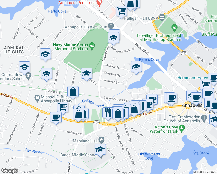 map of restaurants, bars, coffee shops, grocery stores, and more near 726 Rosedale Street in Annapolis
