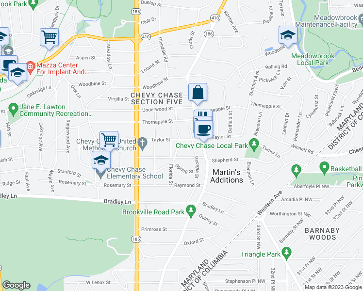 map of restaurants, bars, coffee shops, grocery stores, and more near 7009 Fulton Street in Chevy Chase