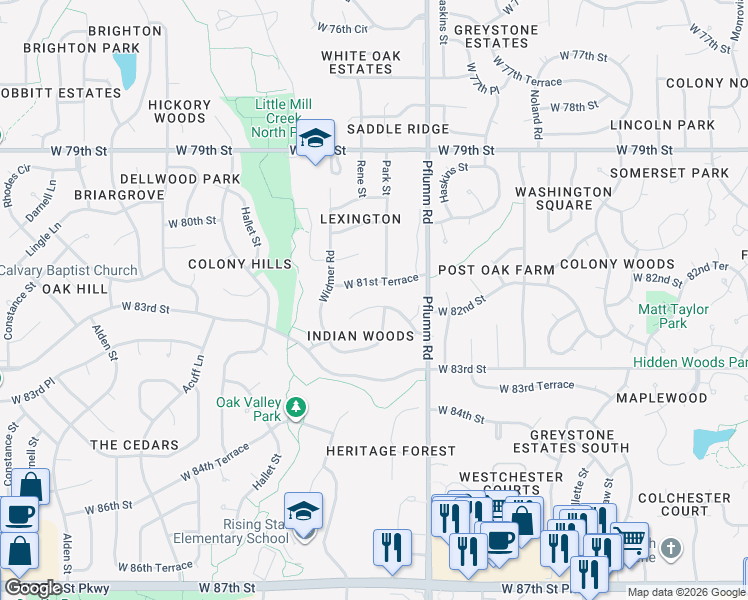 map of restaurants, bars, coffee shops, grocery stores, and more near 13704 West 82nd Street in Lenexa