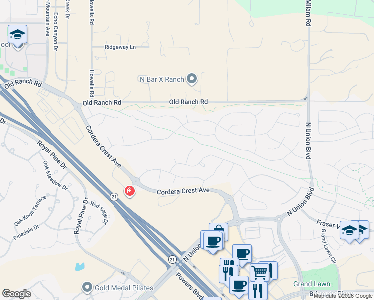 map of restaurants, bars, coffee shops, grocery stores, and more near 10259 Hewlett's Gulch Court in Colorado Springs