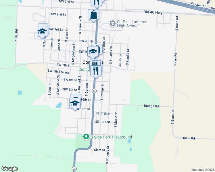 map of restaurants, bars, coffee shops, grocery stores, and more near 809 South Orange Street in Concordia