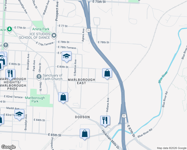 map of restaurants, bars, coffee shops, grocery stores, and more near 8020 Walrond Avenue in Kansas City