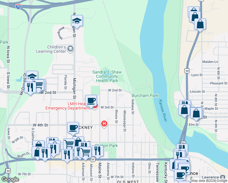 map of restaurants, bars, coffee shops, grocery stores, and more near 207 Illinois Street in Lawrence