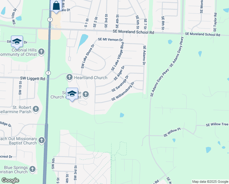 map of restaurants, bars, coffee shops, grocery stores, and more near 300 Southeast Saratoga Drive in Blue Springs