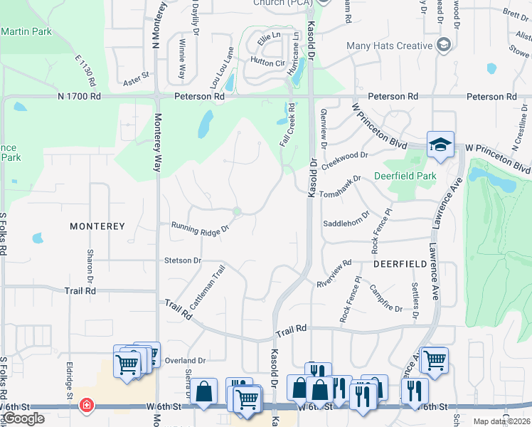 map of restaurants, bars, coffee shops, grocery stores, and more near 204 Fall Creek Road in Lawrence