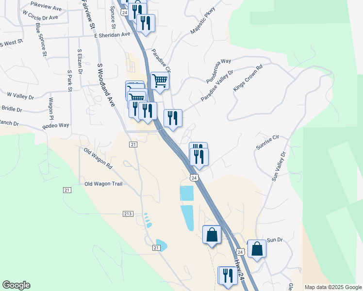 map of restaurants, bars, coffee shops, grocery stores, and more near 1301 U.S. 24 in Woodland Park
