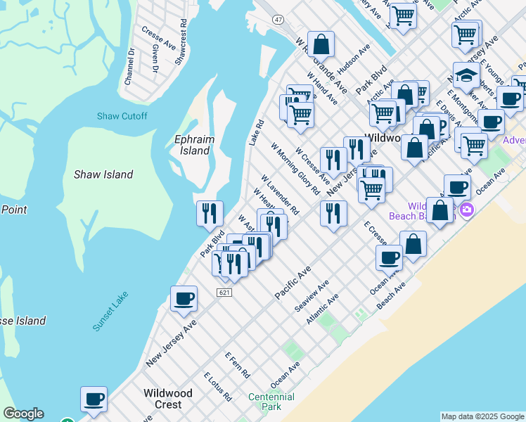 map of restaurants, bars, coffee shops, grocery stores, and more near 135 West Crocus Road in Wildwood Crest